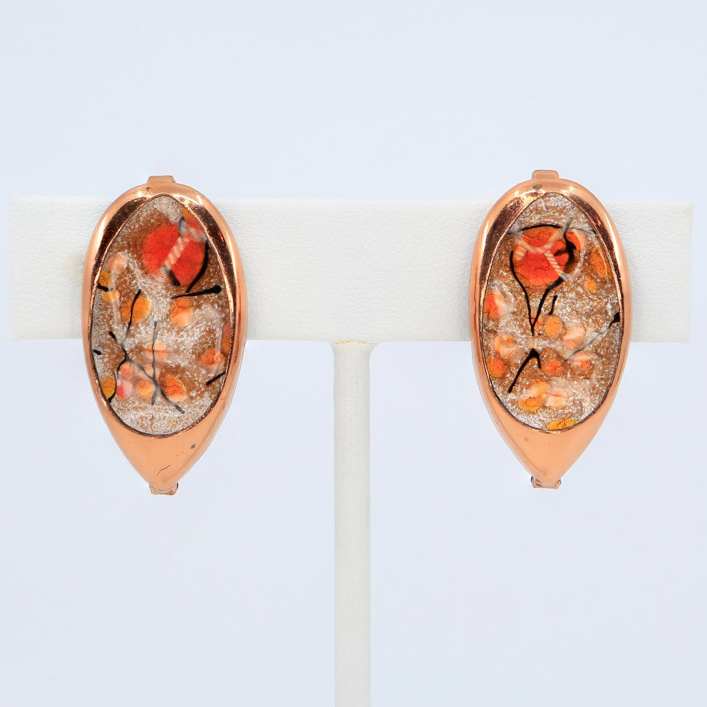 Vintage American Modernist Matisse Renoir Copper Enamel Clip-On Earrings 1950s